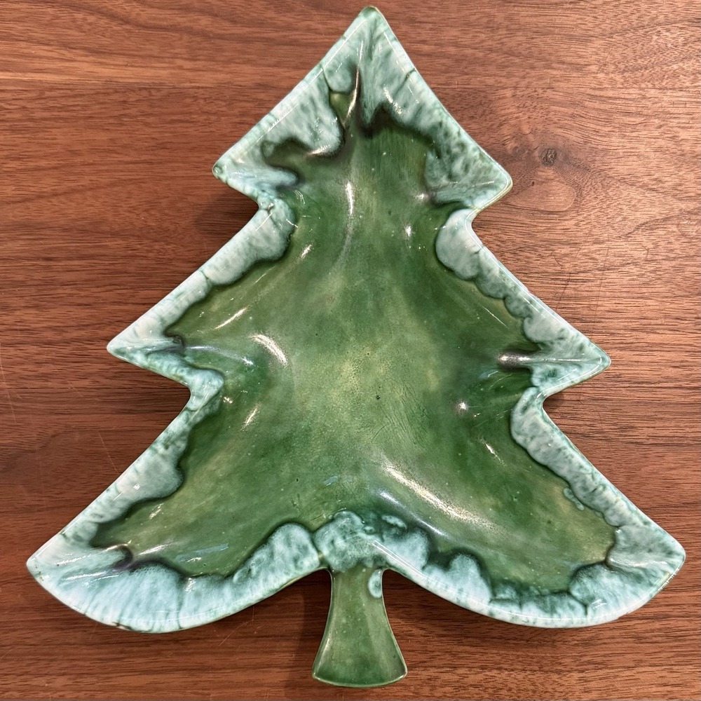 VTG 60s MCM Hand Painted Drip Glaze Ceramic Christmas Tree Holiday Candy Dish